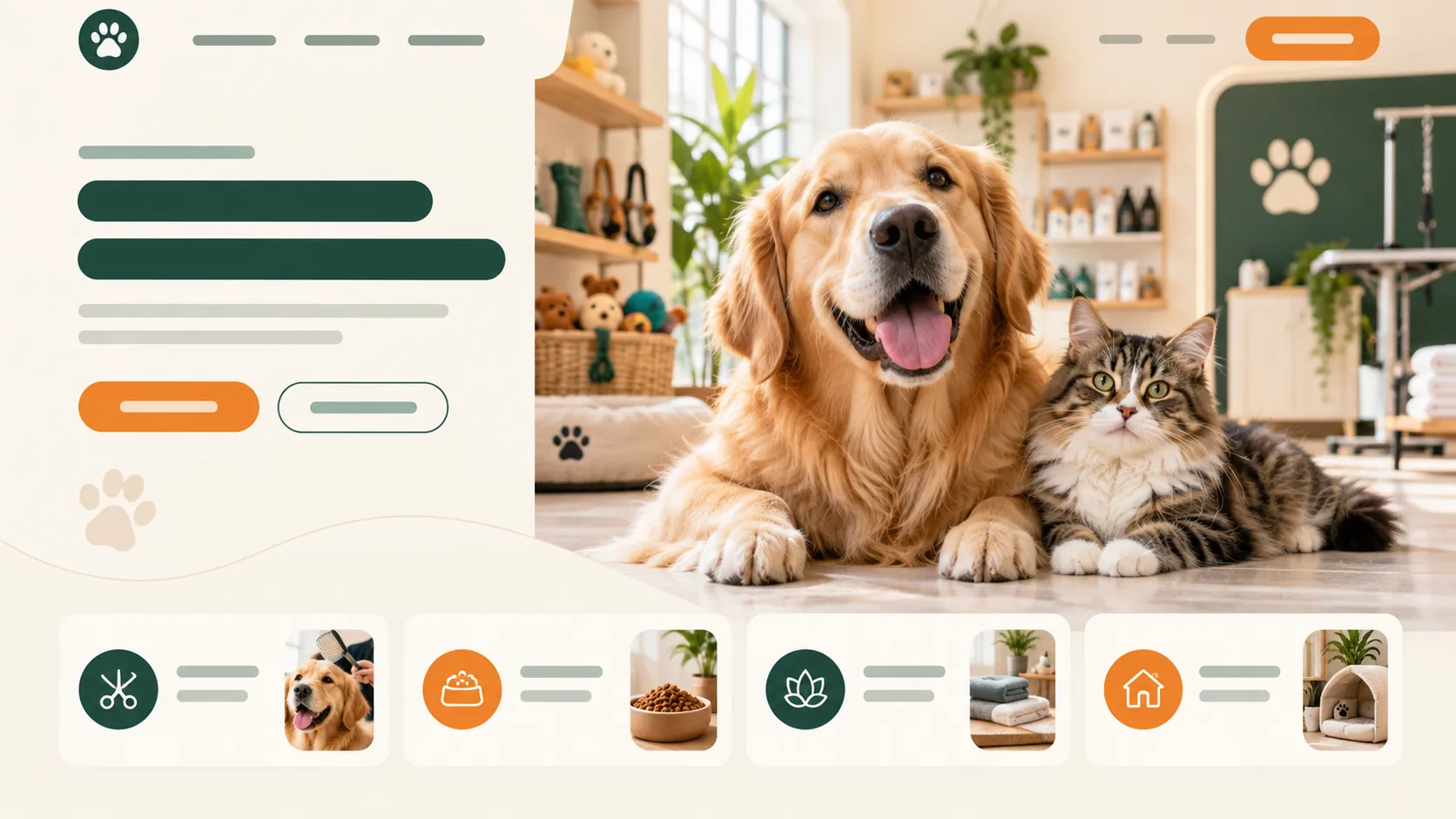 Conceito de site para pet shop com banho, tosa e cuidados para animais